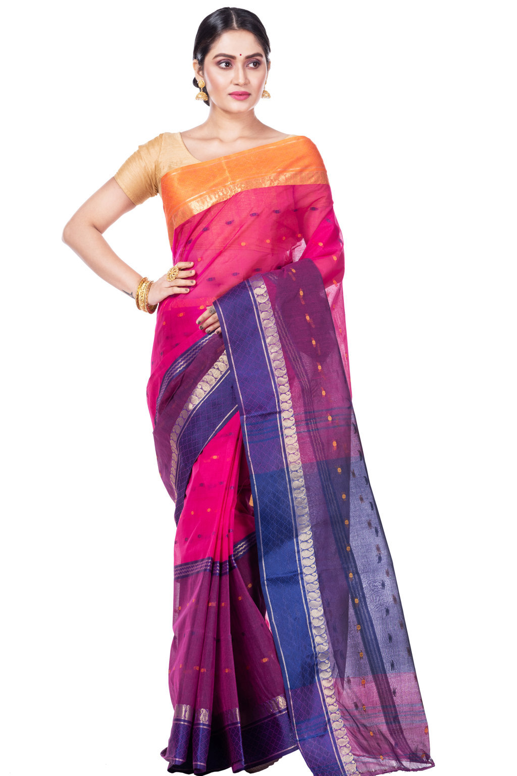 Pink Pure Cotton Ganga Jamuna_Buti Tant Saree (647)